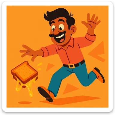 A cheerful Indian man in modern clothes, mid-action, dropping a gooey grilled cheese sandwich, fun and dynamic pose, vibrant toon style sticker
