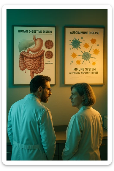 Realistic, detailed photo taken from behind of two doctors—a bearded man and a middle-aged woman—standing side by side in a modern medical office, intently studying a large, illuminated medical chart on the wall. The chart displays a detailed diagram of the human digestive system, highlighting the intestines and showing microscopic images of intestinal parasites. Next to it, another chart illustrates the immune system attacking healthy tissues, visually connecting gut parasites to autoimmune disease mechanisms. The room is bathed in a single green-blue color, with a warm, yellow-orange light casting soft shadows around the doctors. Both wear white coats and have serious, focused expressions, suggesting a deep discussion about the root causes of autoimmune conditions. Shot with a Canon EOS R5, with high detail, natural depth of field, and a clinical yet dramatic atmosphere. sticker