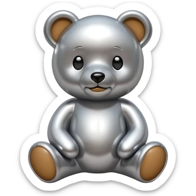 A cute teddy bear emoji made of liquid silver chrome, smooth rounded body, glossy metallic surface, soft reflections, friendly proportions, iOS emoji style, centered, clean white background sticker