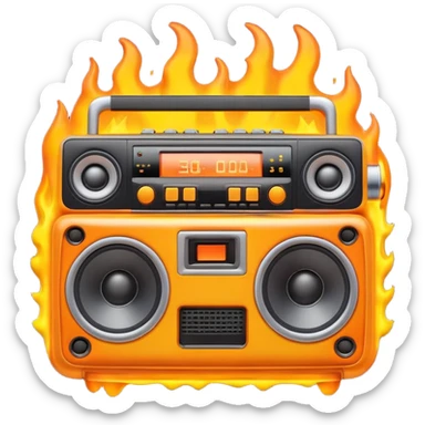A cute 3D emoji of a retro boombox speaker with a funny shocked face, melting into orange and yellow flames, vibrant "fire" colors, high-end 3D render, white background. (This is a recreation of the fire emoji) sticker