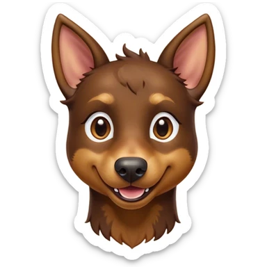 Cinematic Comical Brown and Tan Kelpie Portrait Emoji, Head tilted dramatically with an exaggeratedly amused expression, featuring a striking brown Fur with bold tan accents, wide, expressive warm eyes filled with playful disbelief, Simplified yet hilariously expressive features, highly detailed, glowing with a slightly sassy glow, high shine, dramatic yet playful, stylized with an air of cheeky mischief, bright and endearing, soft glowing outline, capturing the essence of a spirited and over-the-top herder, so meme-worthy it feels like it could side-eye its way into internet fame instantly! sticker