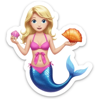 mermaid woman with blonde hair and blue eyes, a pink bikini top and an ALL pink tail holding a shell sticker