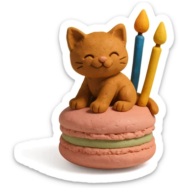 kitten riding giant macaron with candles, claymation style sticker