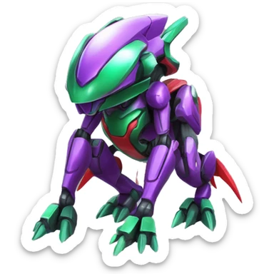 a shiny purple-green-red Genesect-Raptor-Fakémon—hybrid with a futuristic visor-helmet full body sticker