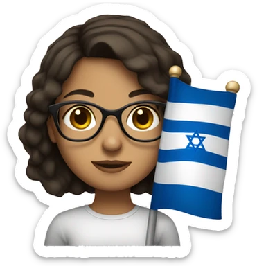 Brunette girl with glasses and short hair holding Israeli flag  sticker