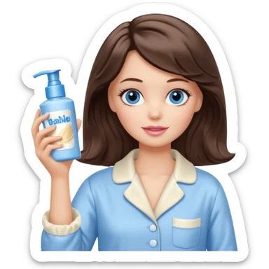 Barbie girl with makeup, blue eyes , and bob long haircut wavy, short brown hair in creamy color pajamas, face cream in hand sticker