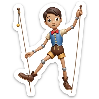 3D render of Pinocchio Boy as a wooden marionette puppet, Long nose, wood grain skin, strings, silver metal screw joints at elbows and knees, polished brown wood texture, rigid toy pose, Apple emoji style, isolated on white background --v 6.0. sticker