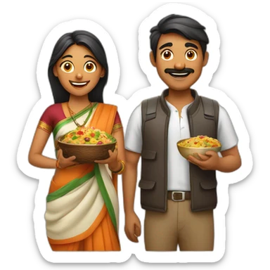 Indian man and woman with camera in one hand and food in other hand, happy smiling sticker