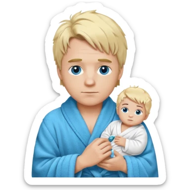 A white man with blue eyes, medium-length blond hair, a blue Cartier watch on his wrist, and a black and white bathrobe. His hair is messy, and he has a baby face. sticker