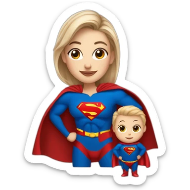 mother white skin light brown hair dressed as Superman with a cape holding a blondbaby sticker