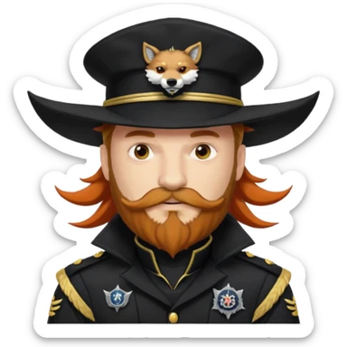 An auburn-hair'ed admiral with a flawless bear and mustache wearing a black admiral outfit and hat with Wolf Ears coming out of the hat, and 9 tails behind him, with the admiral black shirt featuring on the left breast pocket the insignia of Helldivers 2 sticker