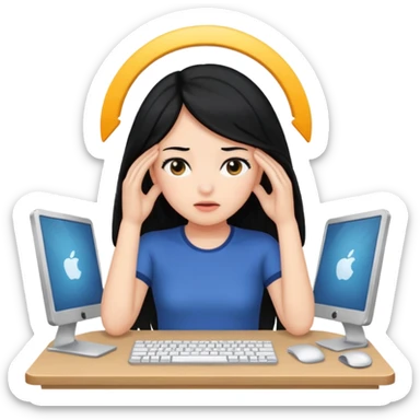 A girl is in front of a computer and is holding her head.The one with black hair sticker