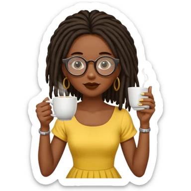 darker skin female with dark dreadlock hair wearing large round glasses sipping a cup of tea with her pinky out sticker