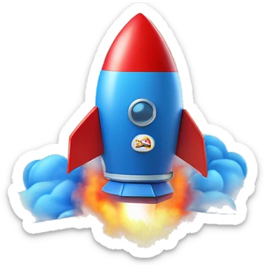 A blue and red rocket ship launching out of a cardboard box, with smoke and flames coming from the rocket's engines sticker
