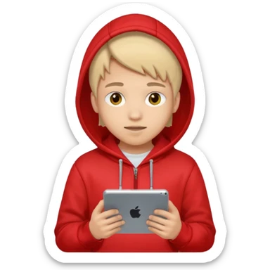 Teen gaming on tablet, red hoodie sticker