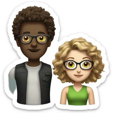 black male with spikey hair and glasses and white female with brown wavy hair , green eyes and glasses sticker