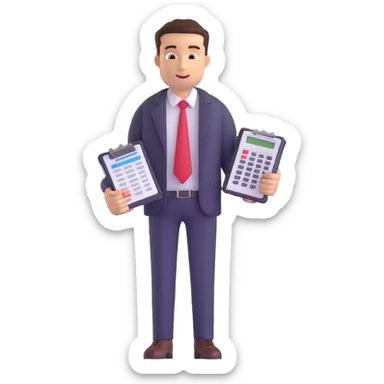 male accountant with spreadsheet, calculator and ledger sticker