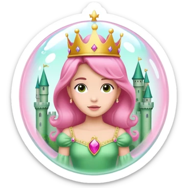 Princesa, con vestido rosa y una corona en una burbuja en un castillo verde sticker