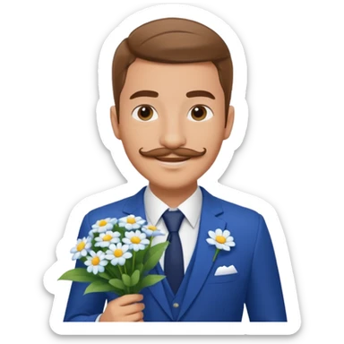 Homme 23 ans léger bouc moustache en costume bleu chemise blanche insigne cabin crew portant bouquet fleur blanche souriant  sticker