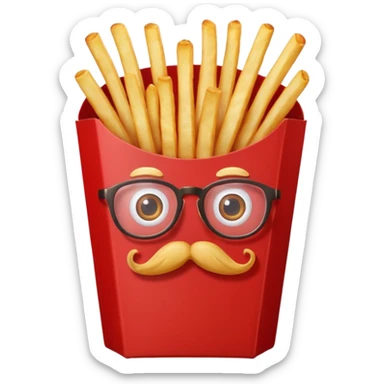 long slim crispy fries in a red carton, carton has eyes and mustache and glassess sticker