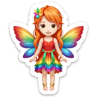 fairy with long orange hair, rainbow wings, red dress, happy, chibi full body sticker