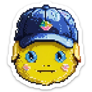 Change the color of the embroidered 100 emoji to navy blue and make the hat a pastel yellow, keeping the pixel art style with no background. sticker