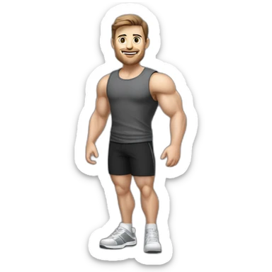 Full height realistic Actively gesturing with hands Pale skinned Fit Man With the biceps and brown hair in dark gray Sleeveless Mike, black oversize sports shorts, watch and white Sneakers sticker