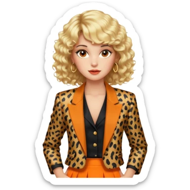 Blonde woman with an 80s-style hairstyle, with curls and bangs, animal print blazer, black top and orange skirt, all very 80s style, brown eyes, 80s makeup sticker