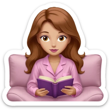 Woman with light tanned skin reading a book on Beige sofa. Long wavy medium brown hair. Beige ivory colour background. Very pale pink silk pyjamas. Realistic. Foxeye with long lashes. Pinky mauve lips. sticker