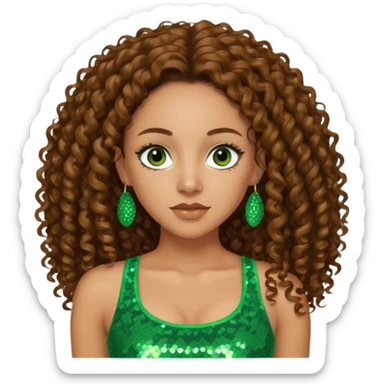 Melanie Brown with long brown curly hair, green sequin crop top, brown eye sticker