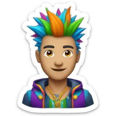 Envision a confident man sporting a vibrant, multicolored costume with spiky, bold hair, exuding a sense of individuality and charisma sticker