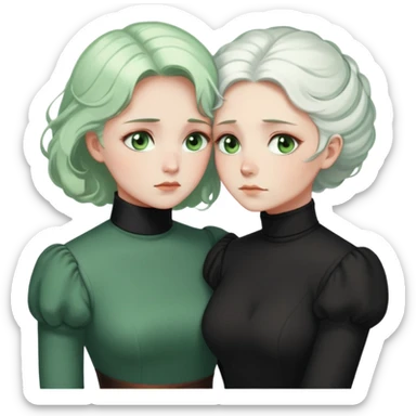 Two Victorian women with light green eyes in a sad, intimate embrace. One has bright white coiffed hair, the other has dark copper coiffed hair. Both wearing Victorian turtleneck dresses, hugging tightly sticker
