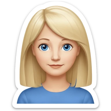 50 yr old white woman, center part bangs, very long straight blond hair, oval face, small smile, blue eyes, thin face, hair downback, hair parted at center of head, round cheeks, pale, longer hair sticker