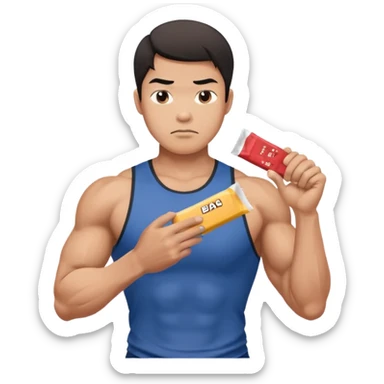 A asian male athlete holding a protein bar and frowning deeply sticker