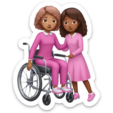 One tan skin sister standing behind her brown skin sister in a pink wheelchair sticker