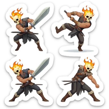 A 4 stage sprite sheet of a man with a burning skull head, show the 4 stages of him swinging his large sword sticker