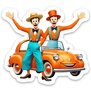 A vintage movie poster-style design with two goofy characters in outrageous outfits, showing exaggerated, silly expressions. Include elements like a goofy car, ridiculous props, and comical facial expressions. Retro comedic style with vibrant colors. Transparent background. sticker