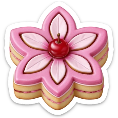 Realistic shortbread cookie in the shape of a cherry blossom with pale pink color jelly middle filling and sprinkled powder sugar on top. sticker