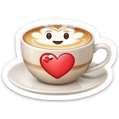 cappuccino cup with a heart-shaped latte art on top, steam rising, cheerful emoji sticker
