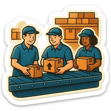 Картинка конвейерной ленты, по ней едут коробки, люди сортируют коробки в разные стороны sticker