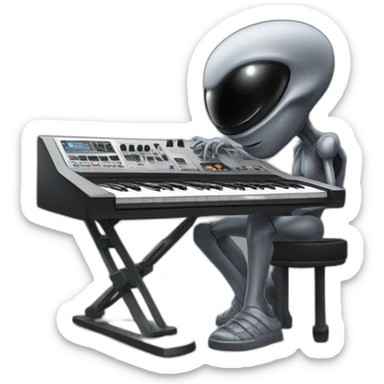 A Classic emoji of grey Big black eyed Alien playing in front of an AKAI MPC XL sticker