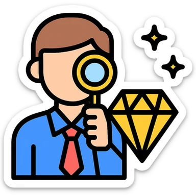 simple and clear illustration of a person evaluating a gold jewel sticker