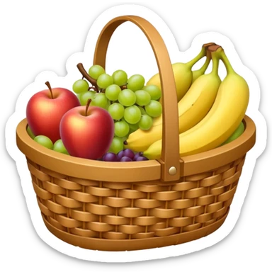 A wicker basket filled with apples, grapes, and bananas.






































 sticker