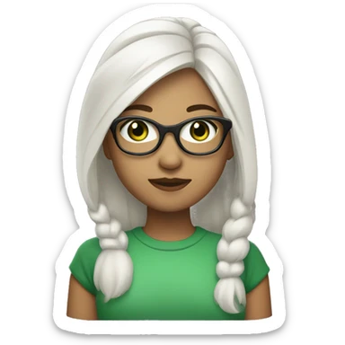 Girl with silver glasses, green eyes, shoulder light hair left side being white and right side being black sticker