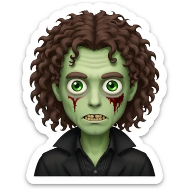 long curly haired male zombie with brown hair color and green eye color, with dark vampire clothes sticker