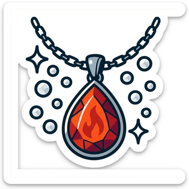 A fiery red teardrop ruby pendant suspended in a delicate silver chain, surrounded by glistening white stones sticker