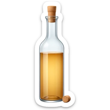 tall slender glass bottle with long neck and simple cork or screw cap, clear or frosted glass with transparent colorless liquid inside, elegant subtly curved silhouette, no label, no fruit, no extras, soft lighting, subtle shadows, emoji scale sticker