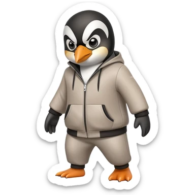 friendly anthropomorphised penguin wearing a mafia-style tracksuit, angry expression, brisk purposeful stride sticker