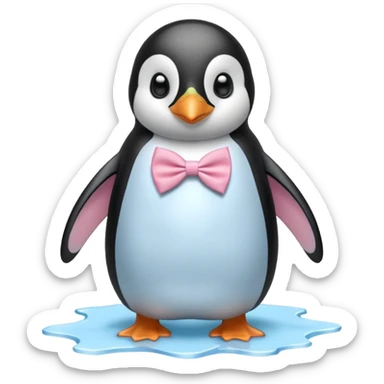 penguin, pink bow tie, standing on small ice melting sticker