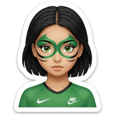 cute teenage girl, cute athletic Nike clothes, tan skin, green eyes, black hair, face paint, very long eylashes sticker